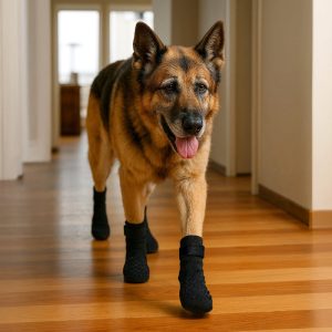 German Shepherd walking on hardwood floor wearing black Steady Paws non-slip dog socks for indoor traction and paw protection.
